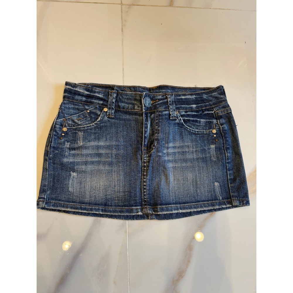Papaya Denim Mini Skirt Medium Wash Distressed Y2K Low‎ Rise Size S Style 4442